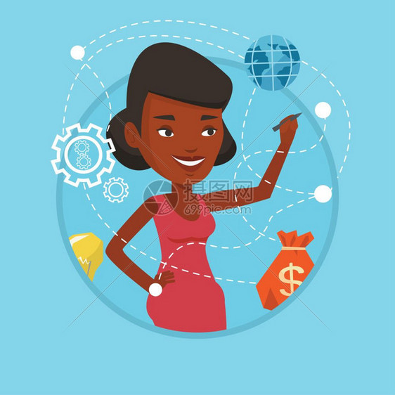 在虚拟屏幕上进行绘制的非洲女商人卡通矢量插画图片