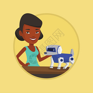 和机器人狗互动的非洲女孩卡通矢量插画图片
