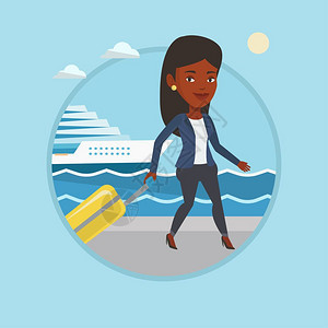 携带手提箱前往码头乘坐游轮的非洲女人卡通矢量插画图片