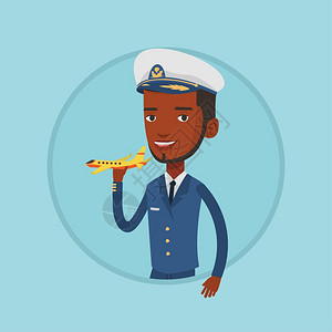 手拿飞机模型的非洲男飞行员卡通矢量插画图片
