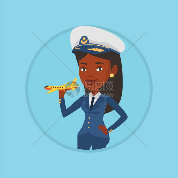 手拿飞机模型的非洲女飞行员卡通矢量插画图片