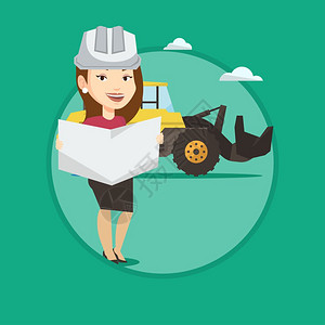 接到蓝图站在挖土机前查看蓝图的女工程师卡通矢量插画插画
