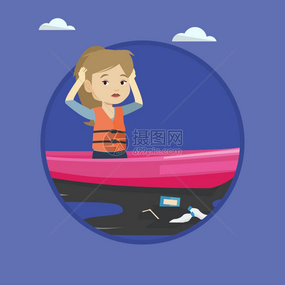 漂浮在被污染的水中船只上的年轻女孩卡通矢量插画图片