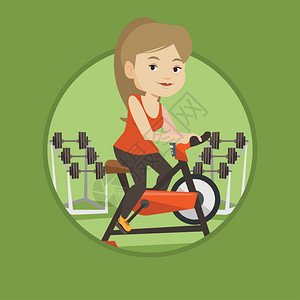 在健身房骑脚踏车运动的女青年卡通矢量插画图片