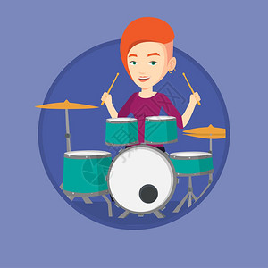 打架子鼓的女鼓手卡通矢量插画图片素材