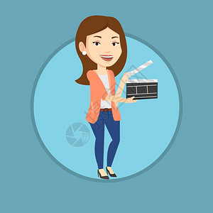 拿着电影板的女导演卡通矢量插画图片素材