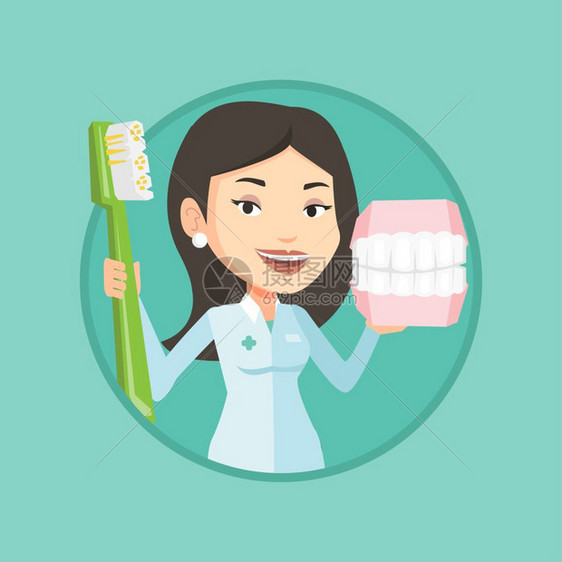 拿牙刷和牙齿模型的牙医图片