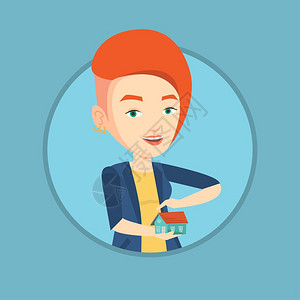 拿着住房模型的年轻保险代理人卡通矢量插画图片素材