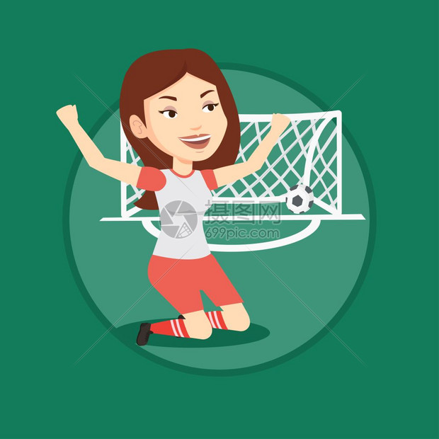 在球门前庆祝得分的女运动员卡通矢量插画