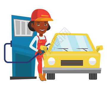 女工人为汽车加油的矢量平面设计图图片