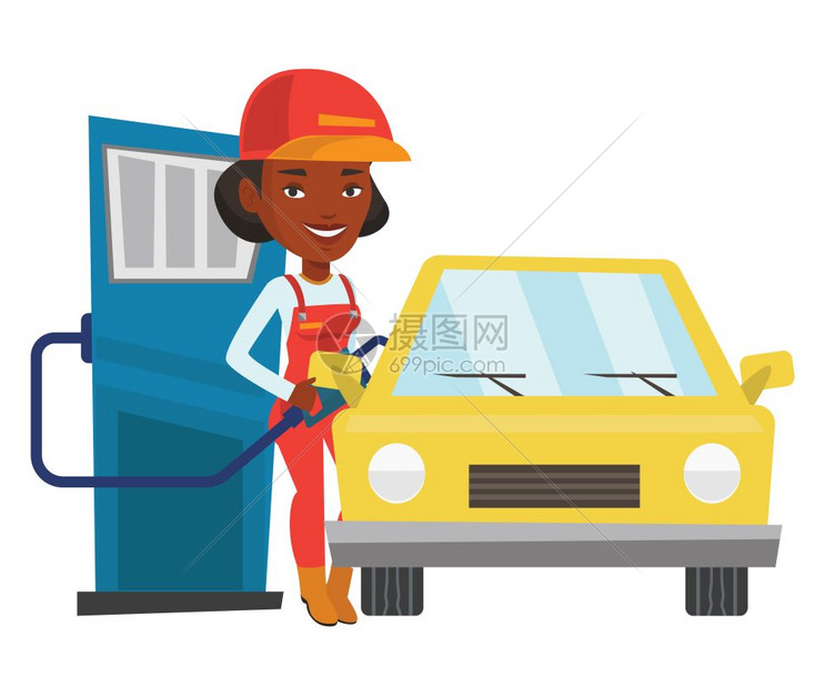 女工人为汽车加油的矢量平面设计图