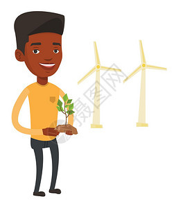 站在风力涡轮机前手拿植物的非洲男青年卡通矢量插画图片