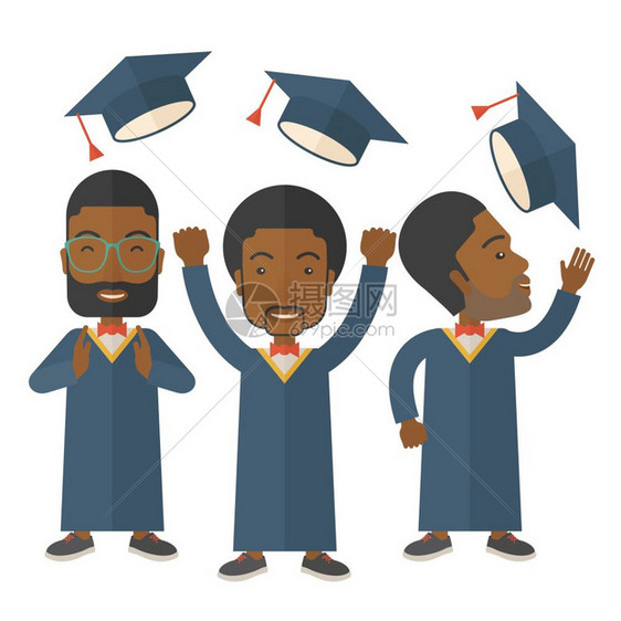 三个非洲男人笑着把毕业帽扔在空中图片