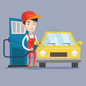 在加油站工作时微笑着的人加油站给汽车加油矢量平板设计图方形布局工人把燃料塞进汽车里图片