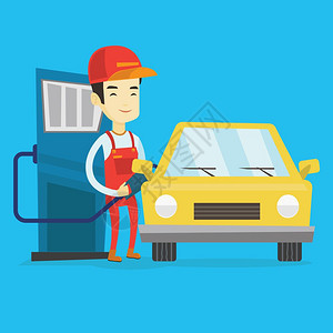汽车加油站工人向汽车装载燃料在加油站工作时微笑的人年轻加油站工人为汽车加油矢量平板设计图方形布局图片