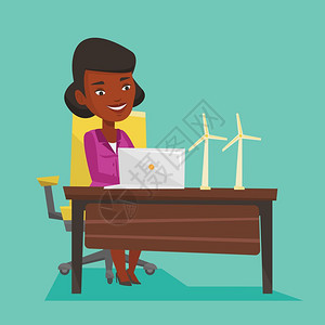 从事风力涡轮机发电工作的非洲女青年卡通矢量插画图片