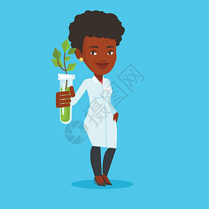 拿着培育植物试管的非洲女科学家卡通矢量插画图片