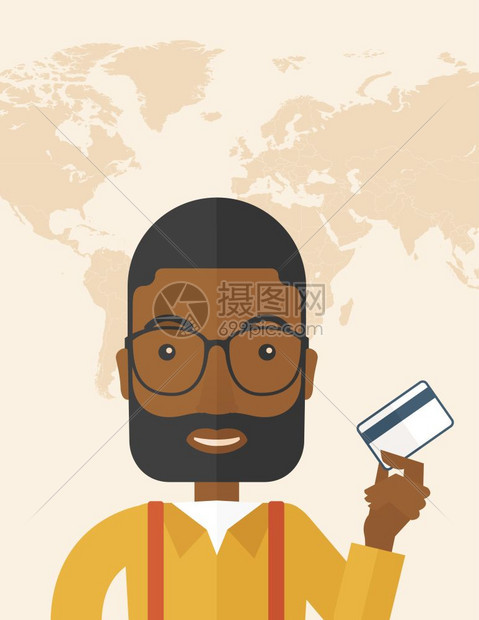一个快乐的非洲商人幸好站在他的信用卡上完成概念一种现代风格面盘糊软米色背景矢量平板设计插图垂直布局上面有文字空间快乐的商人站在信图片