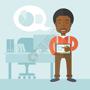 一名非洲美国人站在牌局上指着平板电脑用金融市场的日程表做办公室介绍商业概念一种当代风格面盘色软蓝背景矢量平面设计插图方形布局非洲图片