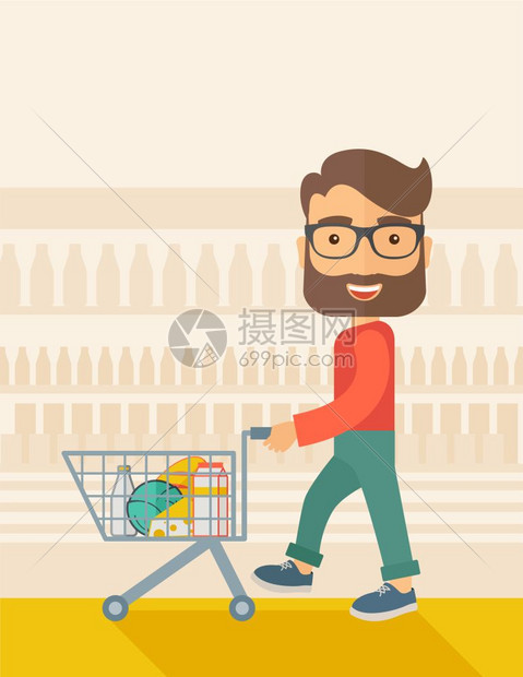 在超市里推着购物车的男人矢量图图片