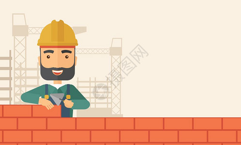 建筑工人砖墙插画图片