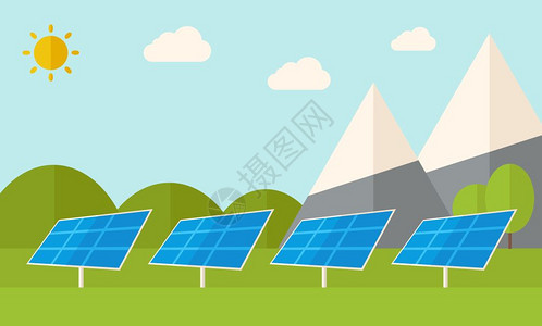4个太阳电池板站在热下用于替代能源一种当代风格有糊调色板软蓝背景有不饱和的云层矢量平面设计图水平布局4个太阳能电池板图片