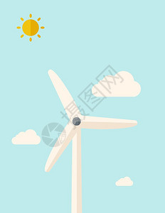 1个风车站在太阳的炎热下一种当代风格有糊调色盘软蓝背景有不饱和的云层矢量平面设计插图垂直布局1个风车图片
