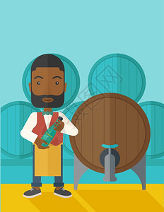 一位非洲葡萄酒制造者站在他的围裙上拿着一瓶葡萄酒从储藏室的桶里检查一酒种当代风格有糊调色盘深蓝有背景矢量平板设计图垂直布局上面有图片