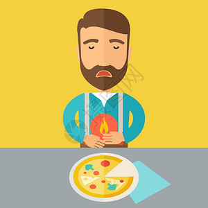 生病的人在吃一块披萨后胃痛或腹一种具有糊调色盘黄背景矢量平面设计图解方形布局男人吃披萨后胃痛或腹图片