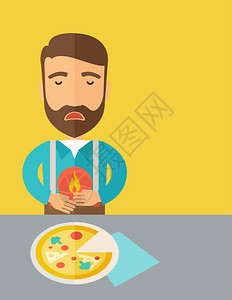 病人在吃一块披萨后胃痛或腹一种当代风格有糊调色盘黄有背景矢量平板设计图示垂直布局右侧有文字空间男人吃披萨后胃痛或腹图片