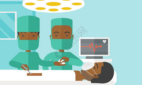 两名为病人做手术的非洲外科医生卡通矢量插画图片