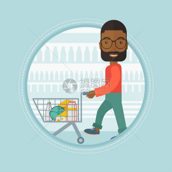 推着购物车在超市采购的非洲男青年卡通矢量插画图片