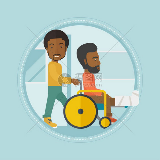 推着轮椅的非洲男子卡通矢量插画图片
