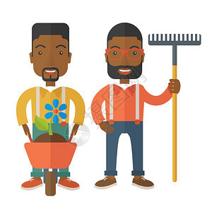 2个笑着黑色的园艺员携带一个手推车的植物矢量平板设计插图图片