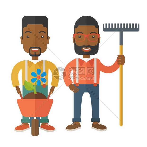 2个笑着黑色的园艺员携带一个手推车的植物矢量平板设计插图图片