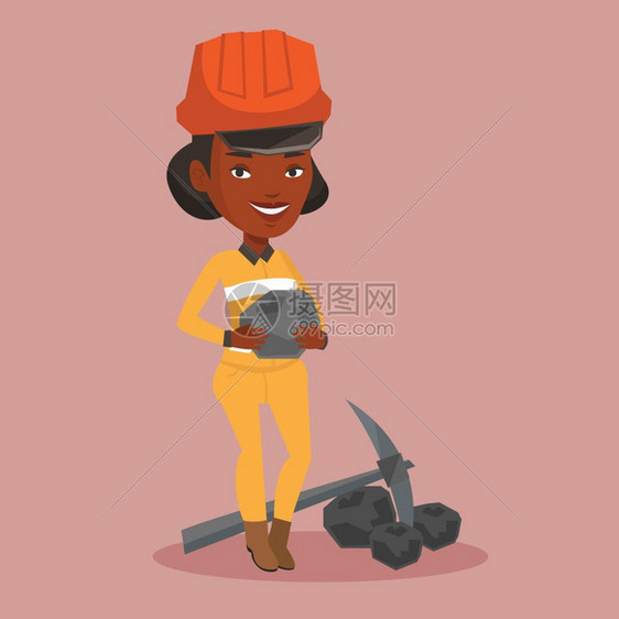 抱着煤炭的非洲女矿工卡通矢量插画图片