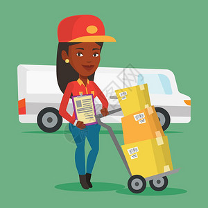 邮政 车一名非洲美国送货信使携带纸板箱在troley上年轻送货信使持有