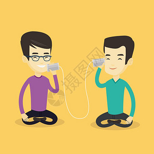 微笑 亚洲男人玩纸杯电话的人插画