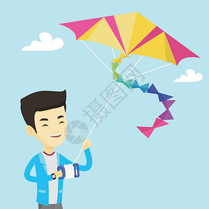 年轻的男子骑着彩色风筝微笑着控制风筝的人快乐男子带着风筝走路玩矢量平板设计图方形布局年轻男子飞着风筝矢量图图片