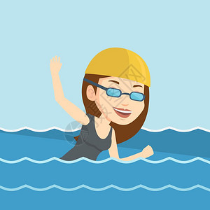 戴着泳帽和护目镜游泳的女运动员卡通矢量插画图片