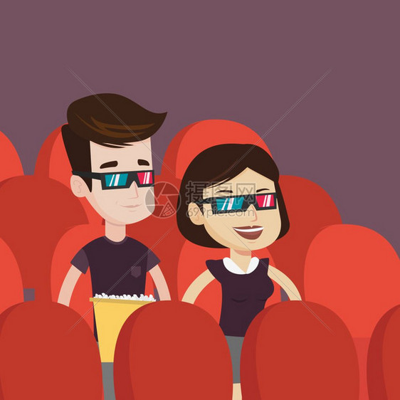 戴着3d眼镜看电影吃爆米花的年轻情侣卡通矢量插画图片