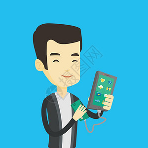 电子 微笑用充电宝充电的人插画