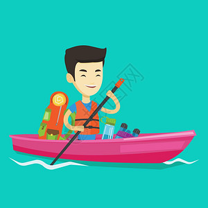 坐在一条皮艇上旅行的年轻男子图片