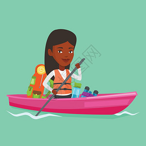 坐在一条皮艇上旅行的年轻非裔女子图片