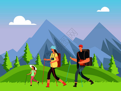 一家人夏季冒险亲子徒步登山矢量插画图片