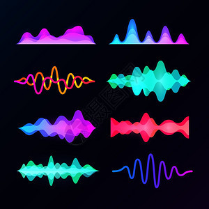 在背景上隔离的亮声音波抽象形音乐脉冲和平衡器波矢量平衡器效果数字节奏图形模式波频率图示在黑暗背景中隔离的亮色声音波抽象形音乐脉冲图片