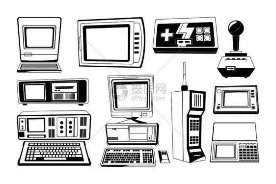 技术员器件复古和老旧技术器件电话和无线子媒介器话和无线子媒介器的单色技术员器件插图图片