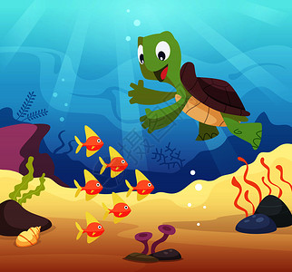 卡通海龟在水下游泳插画图片