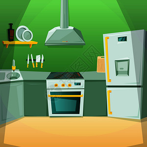 带有不同家具物品的厨房室内卡片矢量冰箱和烤排气厨房用具插图带有不同家具的厨房室内卡片图片