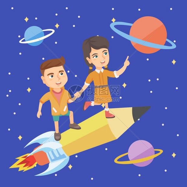 男孩和女在太空中与行星和恒星一起在铅笔火箭上玩耍图片